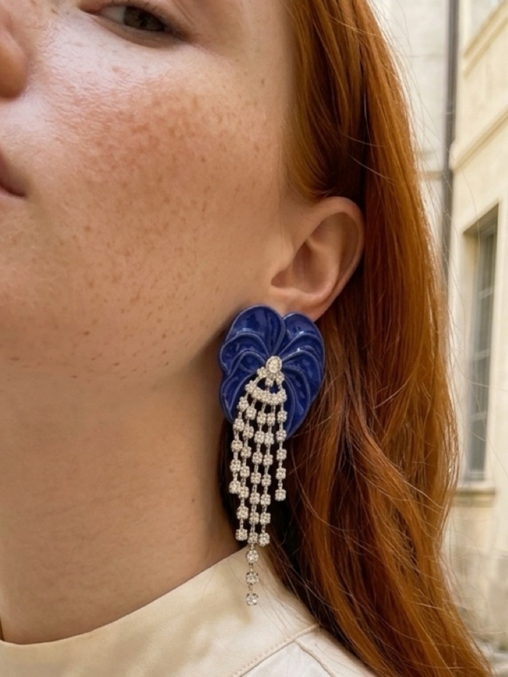 Heart Blue Crystal Tassel Statement Earrings